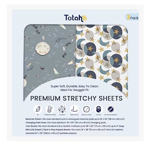 Halo Bassinest Fitted Sheets, TotAha Buttery Soft Universal Bassinet Sheets Neutral Bedside Bassinet Sheet For Girls Boys Compatible With Halo, Baby Delight, Koola, Chicco Lullago, Mika Micky Mattress - Starmoon & Grey Space