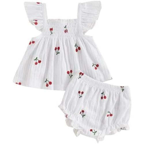 Summer Outfit Clothes Baby Girl Cherry Sleeveless Tunic T-Shirt Top and Shorts Bloomers Set
