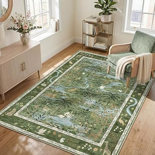Washable Area Rug 5x7 Green Animal Print Rugs for Nursery Non Slip Stain Resistant Forest Fairy Tale Throw Carpet Low Pile Whimsical Safari Area Rugs for Entryway Girls Bedroom Dining Room, Green