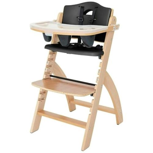 Abiie Beyond Junior Wooden High Chair with Tray - Adjustable and Convertible High Chair for Babies and Toddlers - 6 Months to 250 Lb - Water Resistant - Natural Wood/Black Cushion