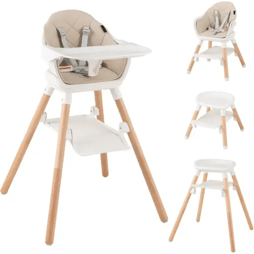 HONEY JOY Baby High Chair, 6 in 1 Convertible Wooden Highchair for Babies and Toddlers/Chair/Bar Stool, Removable Double Tray & Reversible Footrest, Safety Harness for Infant Boys Girls (Beige)