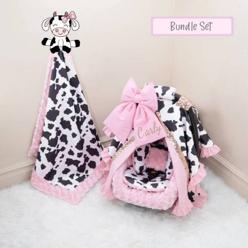 Girly Pink Cow Baby Girl Car Seat Accessories Bundle Set - Personalized Rose Gold Embroidery - Baby Blanket - Car Seat Cover Insert Cushions
