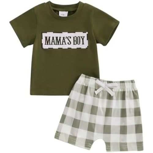 NZNDSHD Baby Boy Summer Clothes Daddys/Mamas Boy Matching Outfit Short Sleeve Embroidery T-shirt Plaid Toddler Shorts Set