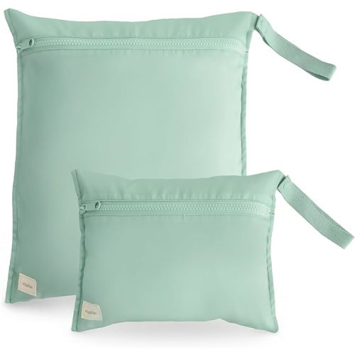 mushie Water Resistant Wet Bags | Large & Small Reusable Storage Bag for Baby Items and Travel | Zippered Pockets with Handle | Machine Washable, Set of 2 (Roman Green)