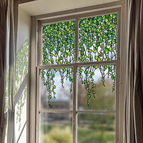 Original Hand Drawn Faux Stained Glass Window Hanging Clings,Double Sided See Through Green Window Film Floral for Living Room,Glass Front Door,Green Pearl Vine 31.5"X53.15"
