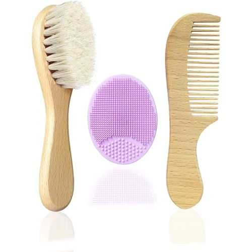 Baby Hair Brush, Molylove Goat Bristles Brush and Baby Cradle Cap Brush Set for Newborns and Toddlers,Wood Comb l Purple Silicone Brush| Ideal for Cradle Cap (3 Piece)