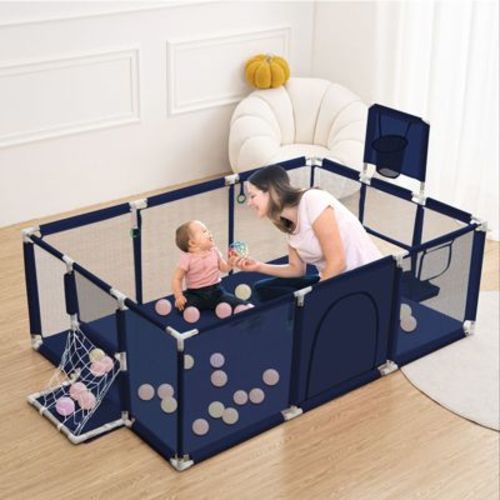 GOTGELIF 71"x48" 4-Panel Baby Playpen Foldable Playard with Basketball Hoop Blue