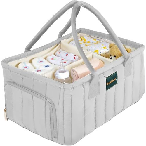 Large Diaper Caddy Organizer with Handle – Baby Basket for Nursery, Car, and Changing Table – Portable Baby Storage with Compartments – Perfect for New Parents and Baby Shower Gifts (Gray)