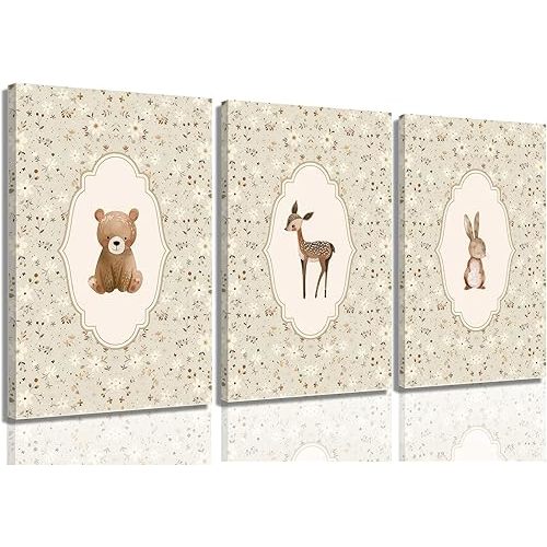 Vintage Woodland Animals Nursery Canvas Wall Art Cute Bunny Bear Deer Picture Wall Decor Country Poster Painting Print Neutral Artwork for Girls Room Kids Room Baby Room Bedroom Farmhouse Decortion