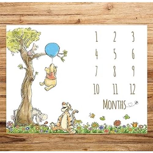 DAYIMG Vintage Winnie Milestone Blanket for Baby Boy Blue Balloon Pooh Monthly Growth Blanket Classic Baby Boys First Twelve Months Blanket Newborn Nursery Supplies Baby Shower Decorations