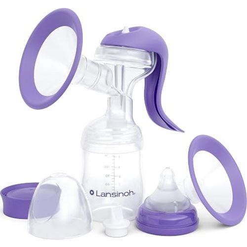 Lansinoh Manual Breast Pump, Breast Feeding Hand Pump with Comfortable Flange, Includes 5oz Baby Bottle with Slow Flow Nipple, Breastfeeding Essentials