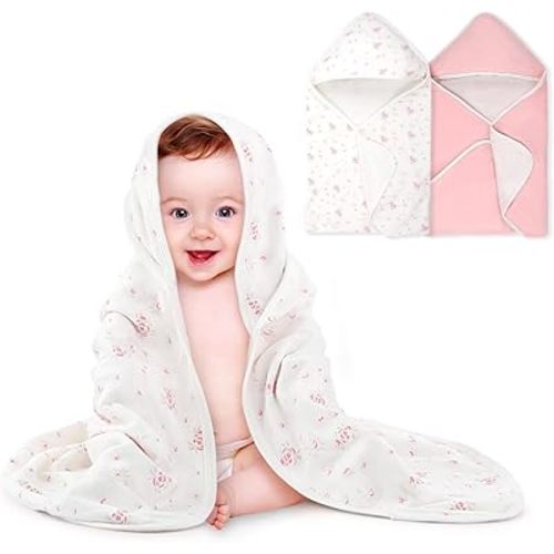 Baby Towels 2 Pack,Hooded Baby Towels Set,Baby Infant Bath Towels with Hood,Soft and Absorbent Nursery Towel,Large 28x28 Inch, Newborn Essential(Rose + Pink)