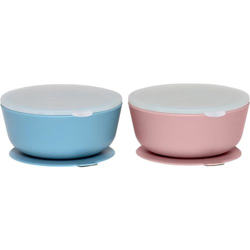 WeeSprout Suction Bowls for Baby & Toddlers (Set of 2) - 100% Silicone w/Plastic Lid - Leak Proof Feeding Supplies - Dishwasher & Microwave Safe Infant Dinnerware w/Extra Strong Base - Muted Blue + Muted Pink