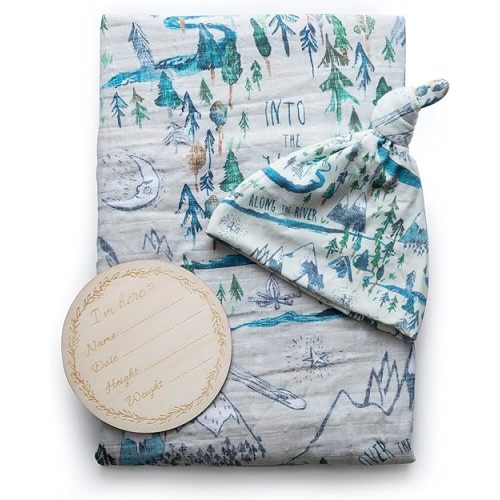 Miaoberry Organic Muslin Baby Boy Swaddle Blanket and Hat Set Newborn Unisex Neutral| Adventure Awaits| Boho Mountain Forest |Photo Props Birth Announcement Card