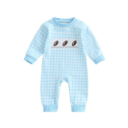 BemeyourBBs Baby Boy Football Sweatshirt Romper Plaid Rugby Long Sleeve Bodysuit