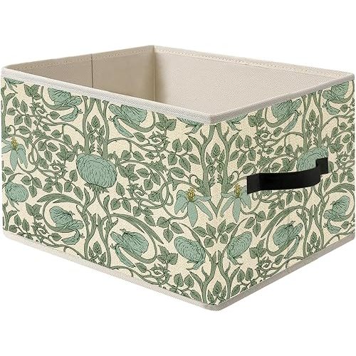 William Morris Inspired Vintage Pastel Green Floral Botanical Storage Bin Box with Handles,Green Vine Flowers Foldable Organizer Basket Toybox for Girls Room Bedroom Bathroom Clothes Toys Books