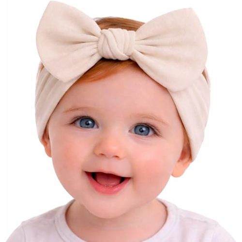 Baby Girl Headbands 0–6 Months – Newborn Infant Soft Cotton Handmade Bow Headband, Stretchy No Mark Baby Hair Accessoriess (Light Beige, 0-6 Month)