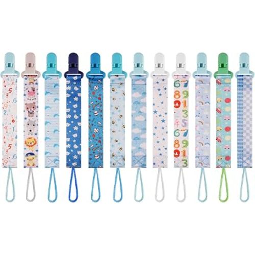 12 Pack Pacifier Clips with Adjustable Strap Short Strap(25.5cm) - Premium Polyester Baby Pacifier Holder Set, Multi-Design Clips for Boys Girls (Multicolor J - Blue)