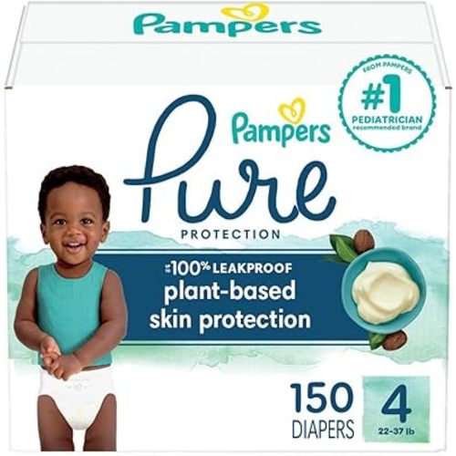 Pampers Baby Diapers - Pure Protection - Size 4, 150 Count, for up to 100% Leakproof, Premium Plant-based Skin Protection
