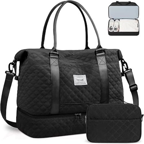 BAGAIL Travel Duffel Bag - Weekender & Overnight Gym Carry On Tote with Wet Pocket - Hospital Mom Bag for Labor and Delivery - Extra Large - Grid-Black