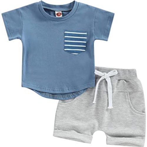 Adobabirl Baby Boy Shorts Set Summer Clothes Short Sleeve Striped Pocket Tshirt and Shorts Casual Toddler Boy Outfits