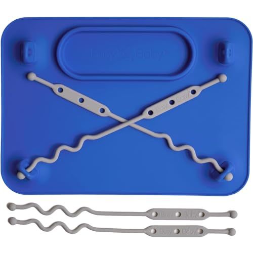 BUSY BABY Silicone Mat - Suction Cups, 4 Straps to Secure Baby Essentials, Self Feeding, Baby Led Weaning, Travel Sleeve Included (Blue)