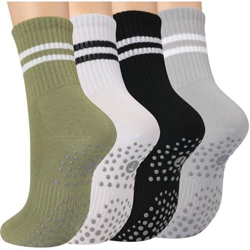 Toes Home Pilates Socks for Women with Non Slip Grippers, Yoga Crew Socks for Barre Hospital Sticky Slipper Socks 4 Pairs