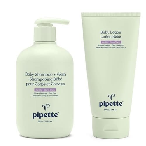 Pipette Vanilla + Ylang Ylang Baby Shampoo + Wash and Baby Lotion Duo, Clean, Tear-Free Bath Time, Sulfate-Free, Paraben-Free, Silicone-Free, Sensitive Skin, Hypoallergenic, Non-Toxic