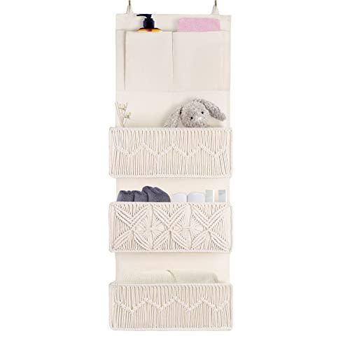 FEILANDUO Over The Door Organizer Boho Macrame Closet Organizers and Storage with 3 Large Woven Pockets Behind Door Organizer for Nursery, Pantry, Bathroom, Bedroom, Dorm (Ivory)