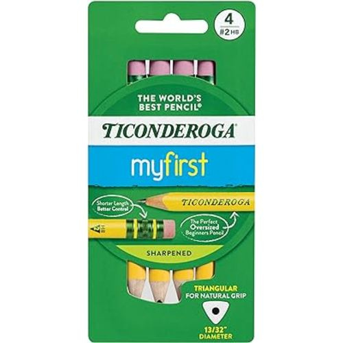 Ticonderoga My First Short Triangular Wood-Cased Pencils, 2 HB Soft, With Erasers, Yellow, 4 Count