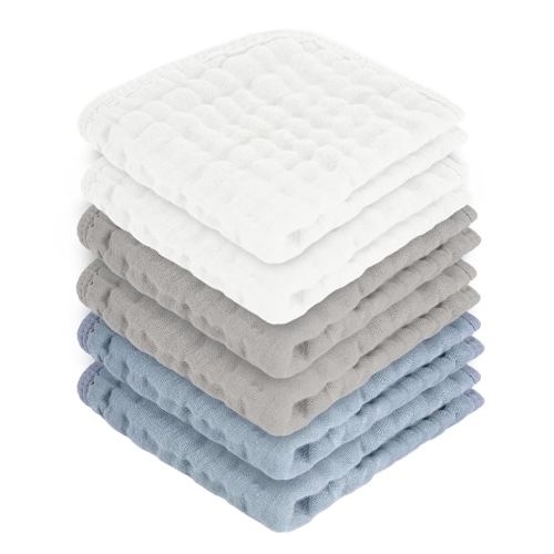 Baby Washcloths 100% Cotton Size is 12x12 inches. Lightweight, Portable, and Ideal for use at Home or on The go. (White & Grey 6 Pieces)