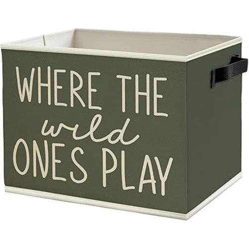 Olive Green Boho Classroom Storage Bins Box with Handles, Where the Wild Ones Play Collapsible Basket Organizer for Kids Playroom Nursery Bedroom Bathroom Toys Books Clothes