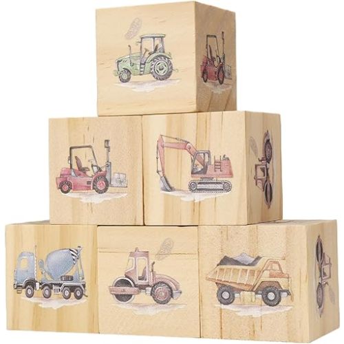 6 Pcs Construction Truck Nursery Decor Blocks Wooden Shelf Decor for Baby Nursery Room Kids Bedroom