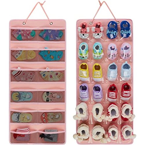Baby Shoe Organizer for 12 Pairs of Boys Girls Baby Shoes, Double Sided Baby Shoe Organizer with Multiple Pockets(No Accessories Included) (Pink)