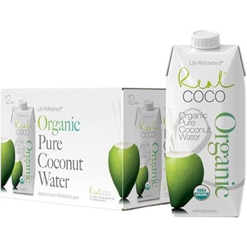 Real Coco Organic Pure Coconut Water 500mL, 100% USDA Organic Coconut Water, Packed with Electrolytes, Dairy/Soy Free, Vegan, Plant Based (12-pack, 500L)