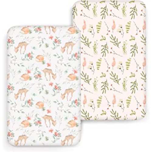 ACRABROS Crib Sheets, Ultra Stretch Baby Crib Sheet for Boys Girls, Snug Fitted Toddler Bedding Crib Mattress Sheet,2 Pack,Deer Floral
