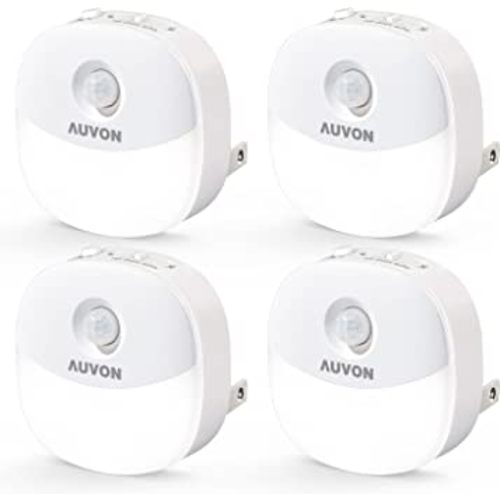 AUVON Plug in Night Light with Motion Sensor and Dusk to Dawn Sensor, Mini Cool White LED Nightlight with 1-50 lm Adjustable Brightness for Bathroom, Hallway, Stairs, Bedroom, Kitchen, 4 Packs