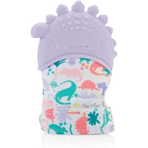 Itzy Ritzy Silicone Teething Mitt - Soothing Infant Teething Mitten w/Adjustable Strap, Crinkle Sound, Textured Silicone, Soothes Sore & Swollen Gums, Baby Teething Toy for 3 Mos +, Purple Dinosaur