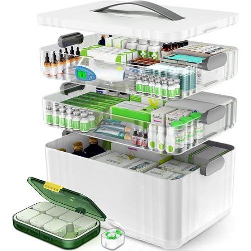 3-Tier Medicine Organizer - Portable Medicine Cabinet with Plastic Handle, Multipurpose Medical Box with Pill Box, Empty First Aid Kit for Home