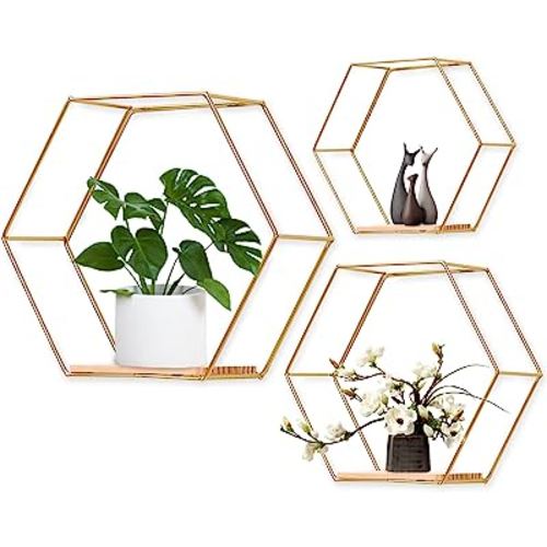 Wall Mounted Hexagonal Floating Shelves Set of 3 in Different Sizes, Modern Metal Wall Shelf, Simple Wood Partition Storage Shelves, Wall Decor Rack for Bedroom, Living Room, Kitchen and Office