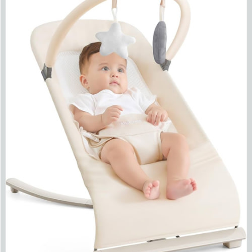 3-in-1 Portable Baby Bouncer & Rocker Chair for Newborn to Toddler - 4 Adjustable Recline Positions, Breathable Cotton Fabric, Natural Vibration, Supports Up to 33 lbs (Oatmeal Khaki)