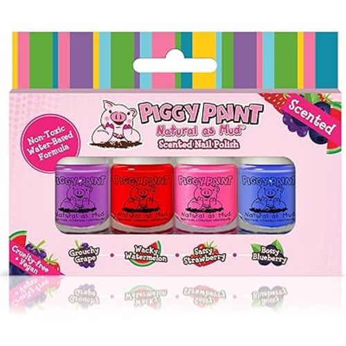 Piggy Paint Nail Polish - Non-Toxic Polish for Little Girls, Toddlers, & Kids, Water Based Formula, Safe, Cruelty Free, Vegan, & Natural, Durable Finish - Scented (4 Color Set)