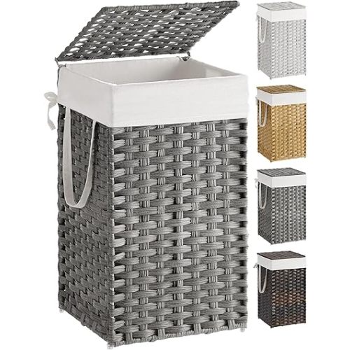SONGMICS Laundry Hamper with Lid, 17.2 Gallon (65 L) Synthetic Rattan Clothes Laundry Basket with Lid and Handles, Foldable, Removable Liner, Dove Gray ULCB165G01