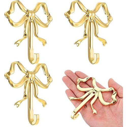 4 Pcs Gold Bow Knot Hooks Bow Wall Door Hanger Towel Hooks Coat Hanger Decorative Holder for Wedding Bathroom Living Room Kitchen Decor (L)