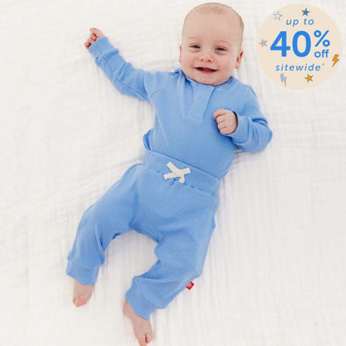 blue skies ribbed cotton magnetic long sleeve bodysuit + pant set