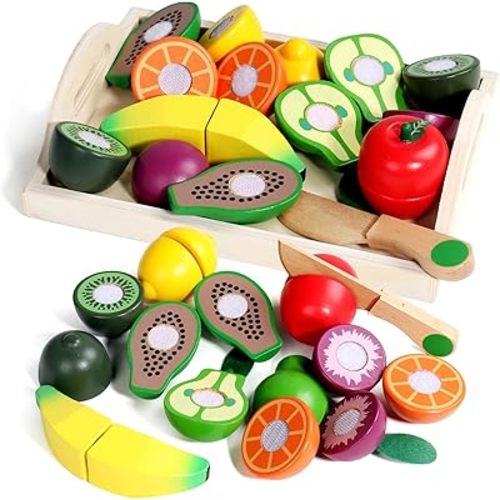 Fajiabao Wooden Play Food Set for Kids Kitchen Montessori Toddlers Toys 1-3 Pretend Cutting Fruit Educational Easter Birthday Gifts for Girls Boys 2 3 4 Year Old