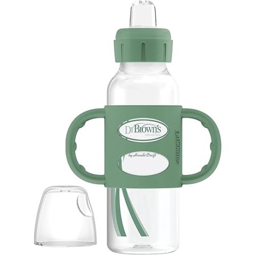 Dr. Brown's Milestones Narrow Sippy Spout Bottle with 100% Silicone Handles, Easy-Grip Handles with Soft Sippy Spout, 8oz/250mL, Green, 1-Pack, 6m+