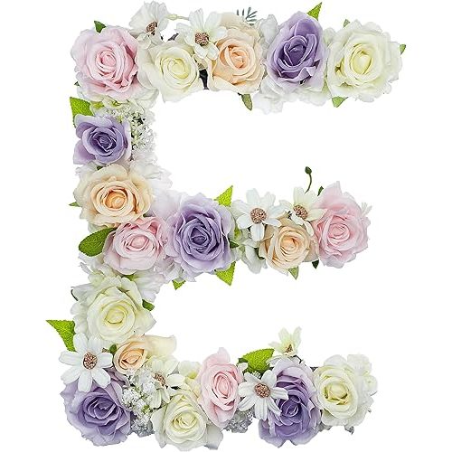 Flower Letters Artificial Floral A-Z Initial Alphabet Faux Floral Letters 13" Height Fake Flowers For Spring Wedding Funeral Baby Bridal Shower Nursery Art Photo Prop Shabby Chic Wall Decor(Shape E)