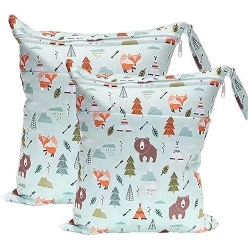 Wet Dry Bag for Cloth Diapers, 2PCS Waterproof Reusable Wet Bag with Zippered Pockets, Washable, Reusable for Travel, Beach, Pool, Stroller, Diapers, Dirty Gym Clothes, Swimsuits, 14x12In & 12x11In - Animal - Bear Fox - 2 pack