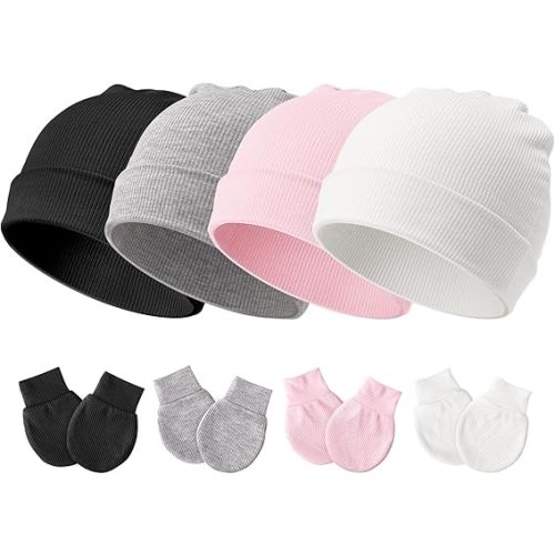 DRESHOW BQUBO Baby Newborn Hats with Scratch Mittens for Unisex Preemie Newborn Hats Hospital Hat for Boys Girls 0-6 Months